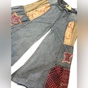 Blue Velvet Patchwork Wide Leg Pants Boho Festival Western Star Print NWT Large